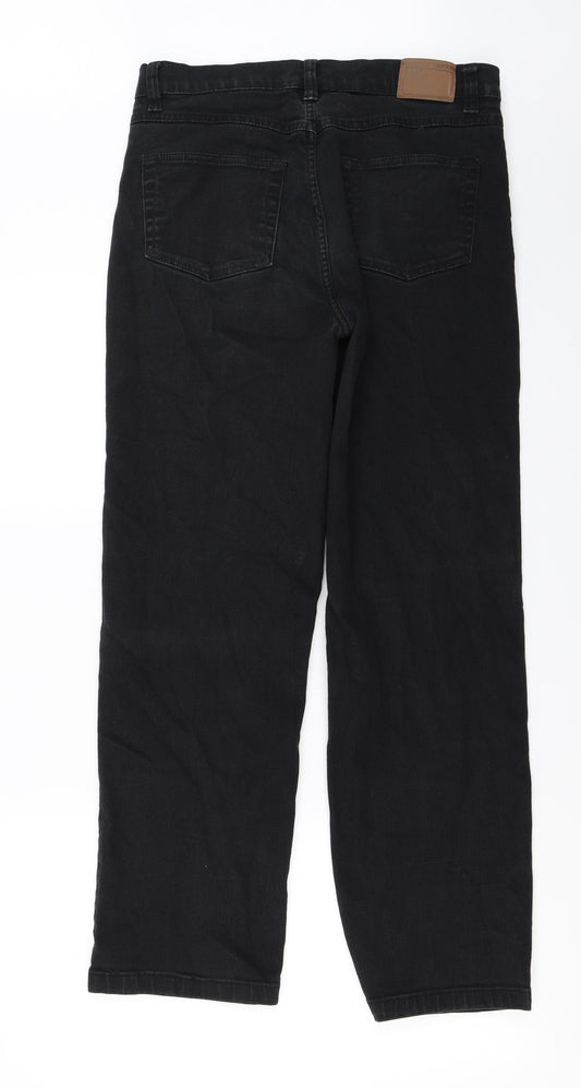 Back view of regular stretch men’s black straight jeans, size 32, in, 25-inch leg