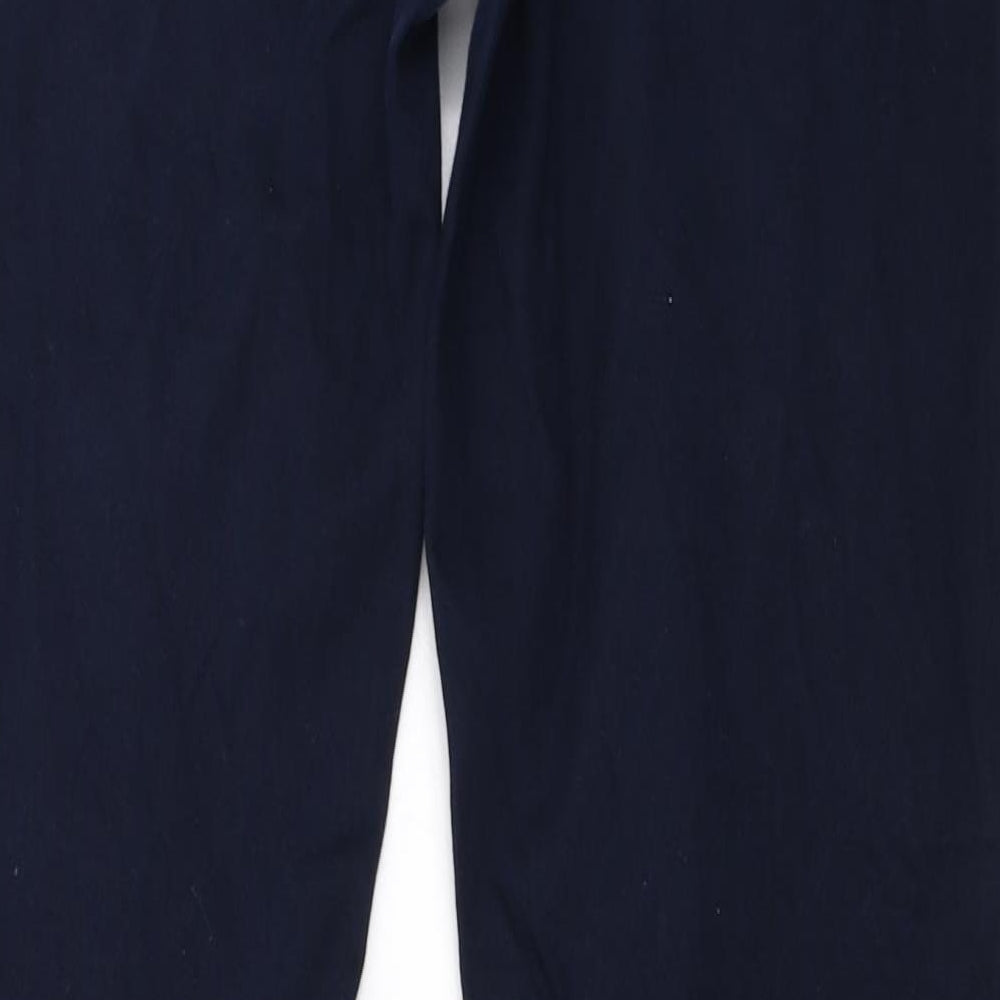 Brand and care label for H&M women’s blue trousers, size UK 34, in, 28-inch leg