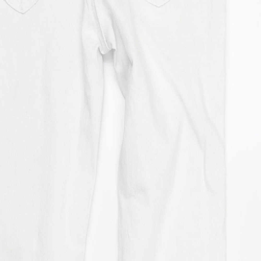 Brand and care label for True2u women’s white straight jeans, size UK 12, 30-inch leg