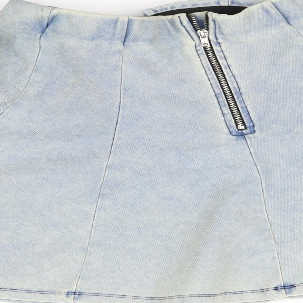 Brand and care label for Topshop women’s blue flare skirt, size UK 8