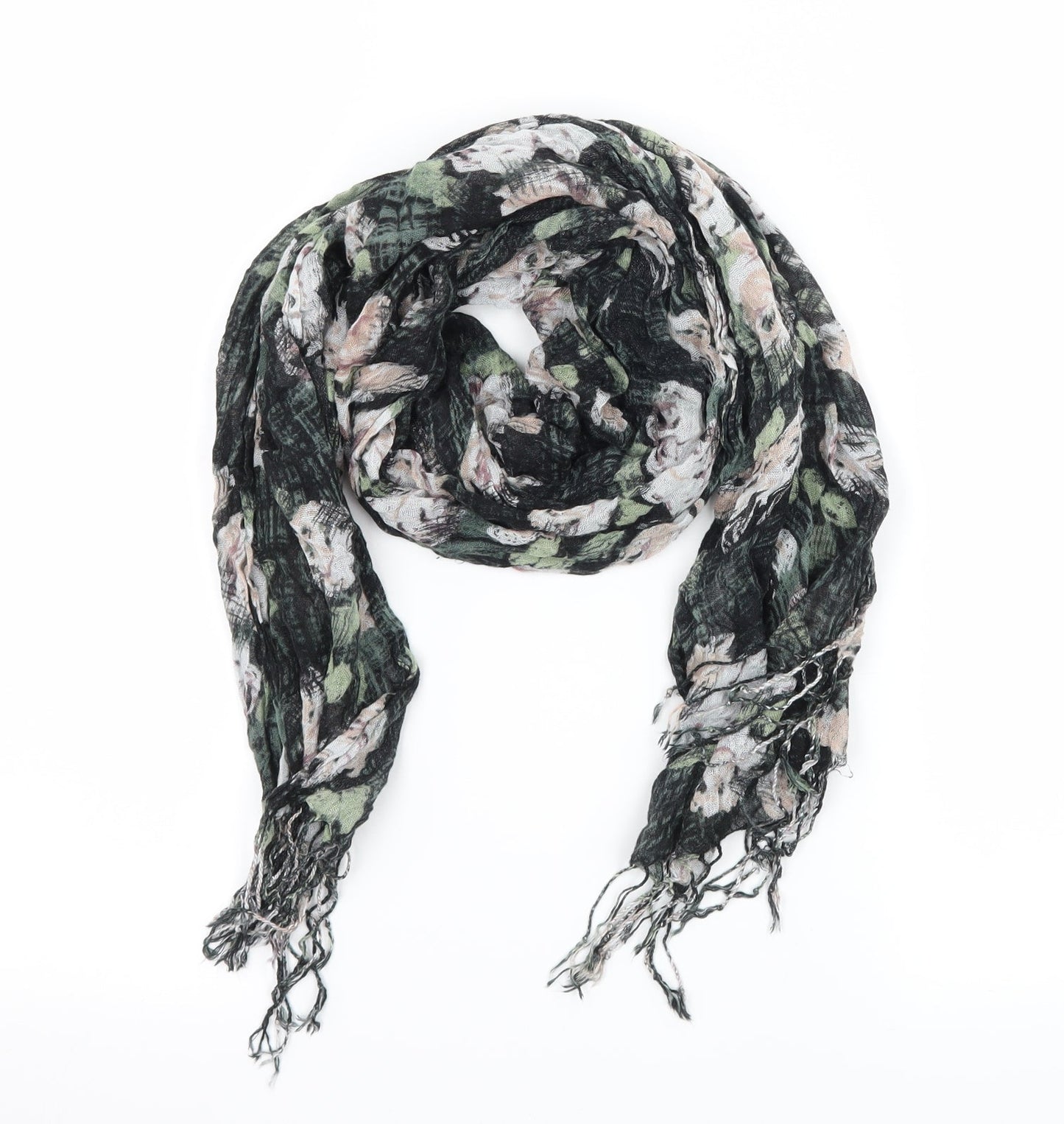 Front view of Preworn women’s black floral knit scarf