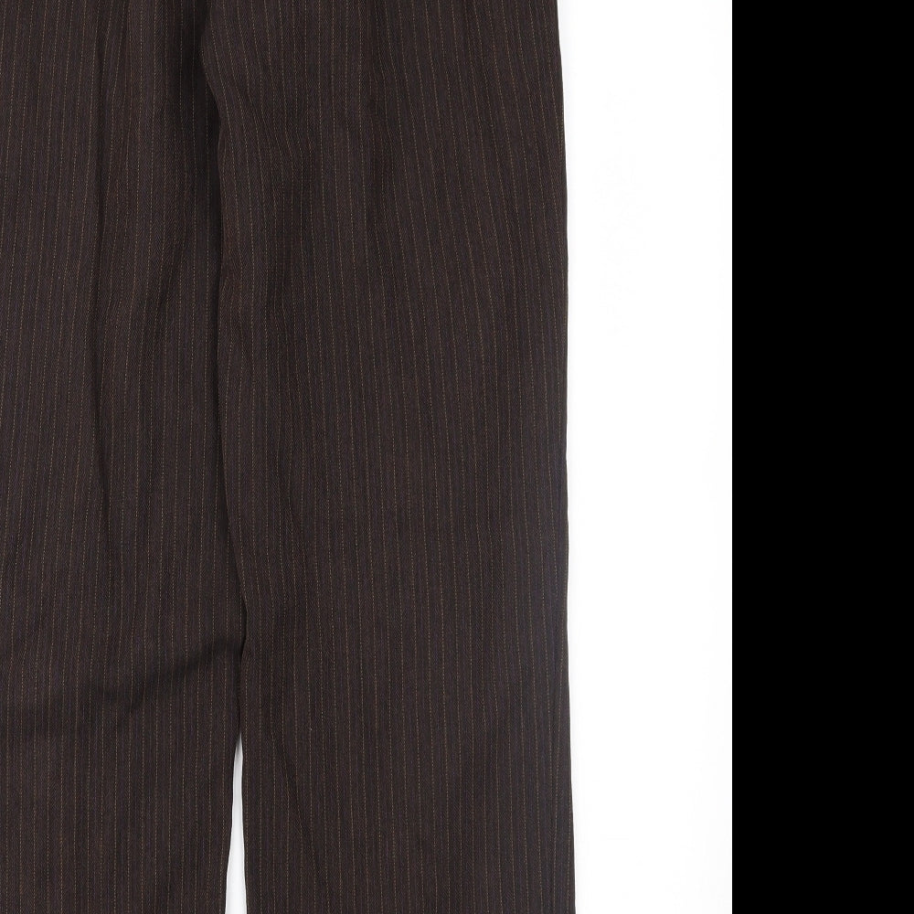 Brand and care label for Marks & Spencer women’s brown striped trousers, size UK 12, 26-inch leg