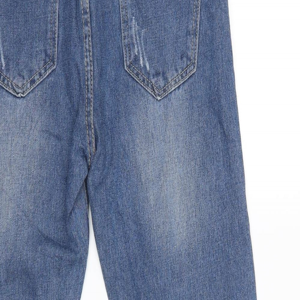 Brand and care label for women’s blue denim cropped jeans, size UK 28, in, 22-inch leg