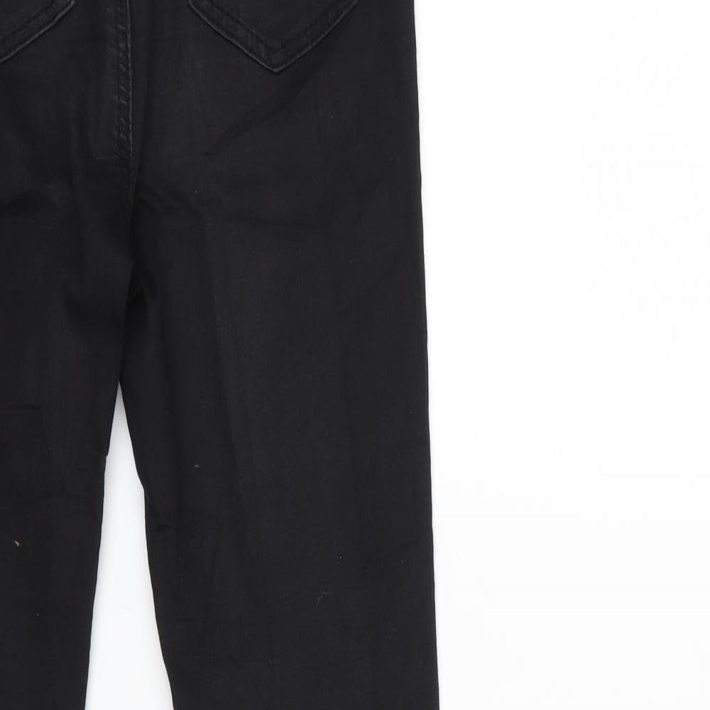 Brand and care label for Goodies women’s black striped denim skinny jeans, size UK 8, 27-inch leg