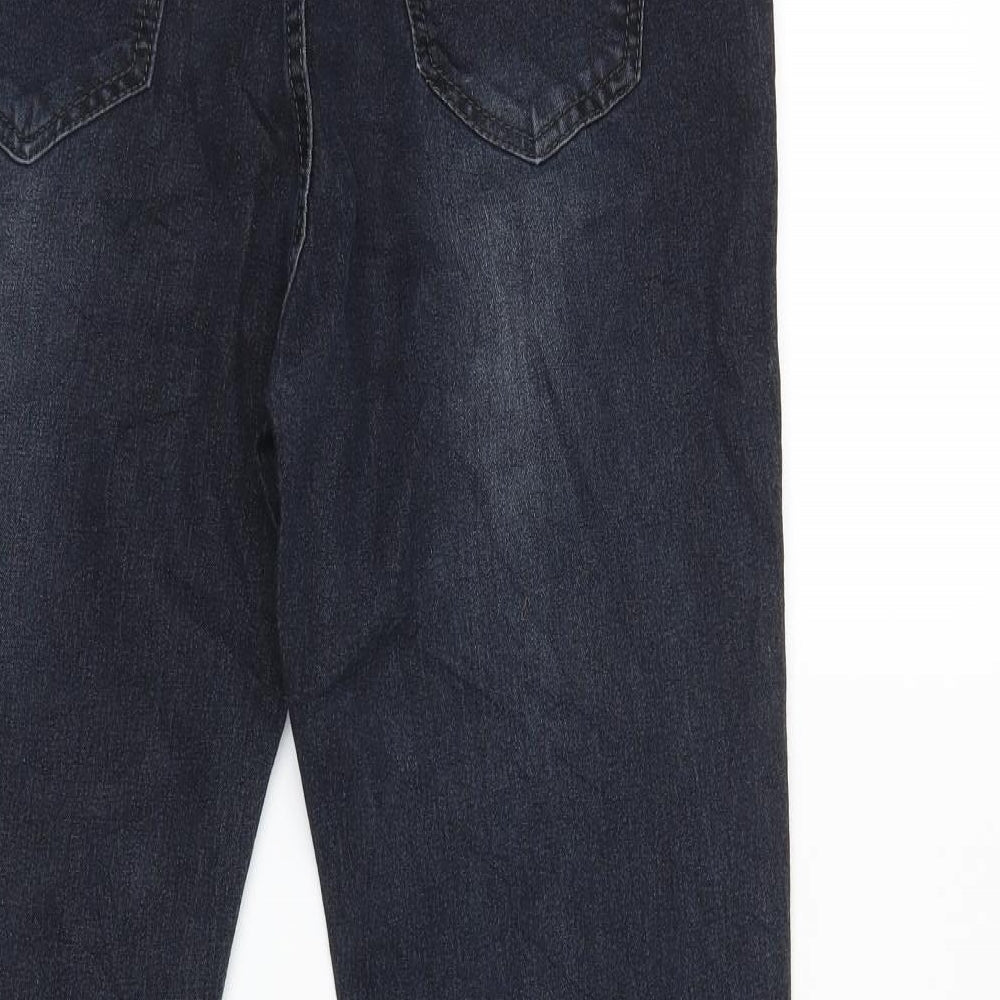 Brand and care label for X-MAX women’s blue denim straight jeans, size UK 32, in, 31-inch leg