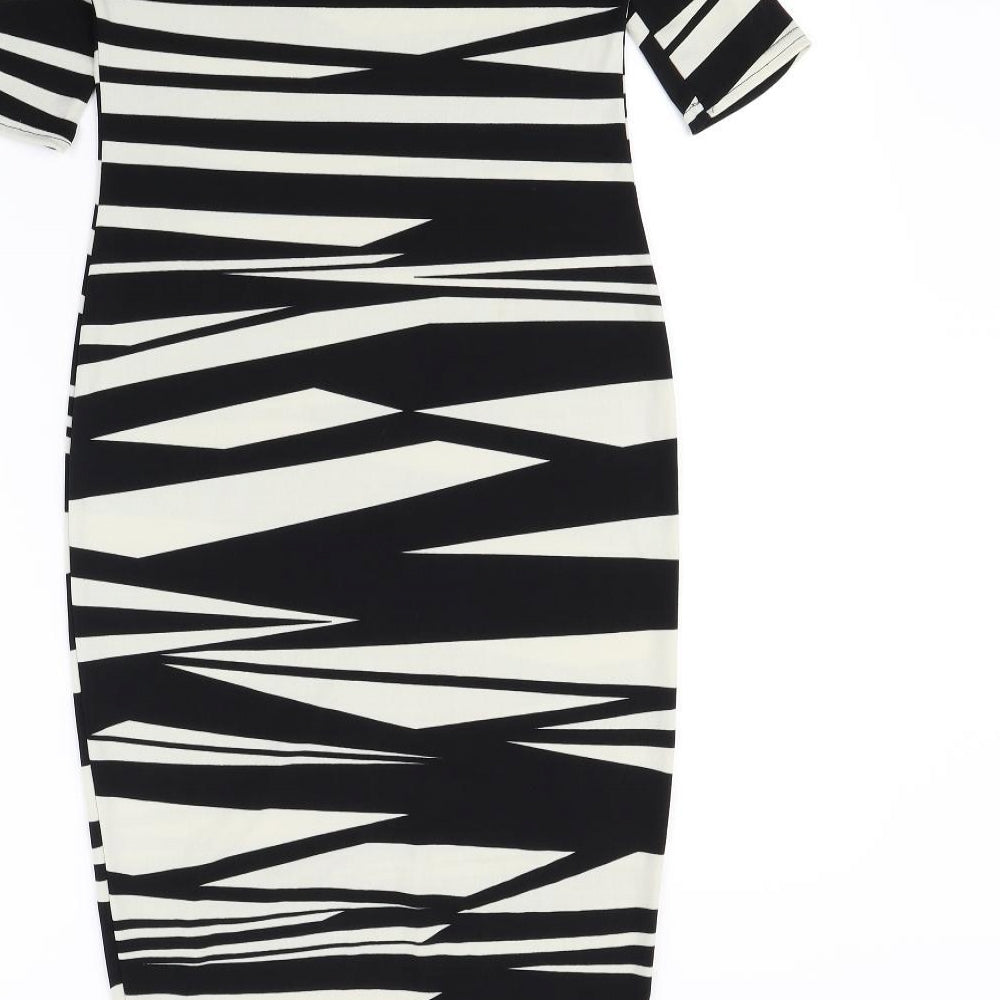 Brand and care label for ASOS women’s black animal print bodycon, size UK 8