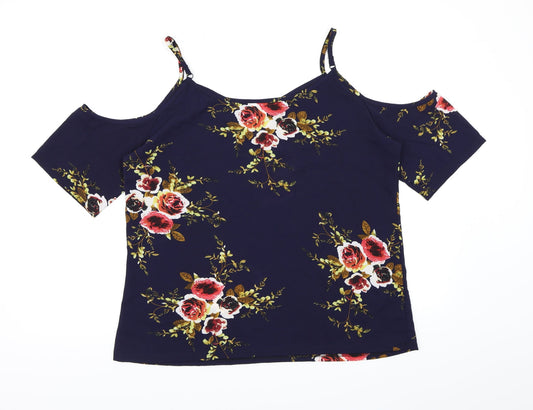 Preworn Womens Blue Floral Basic Blouse Size 2XL