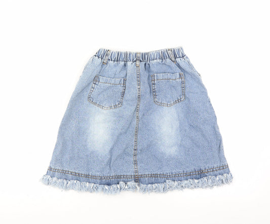 Preworn Girls Blue Denim A-Line Skirt Size 13 Years - button front distressed