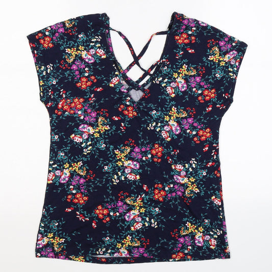 M&Co Womens Blue Floral Basic T-Shirt Size 10