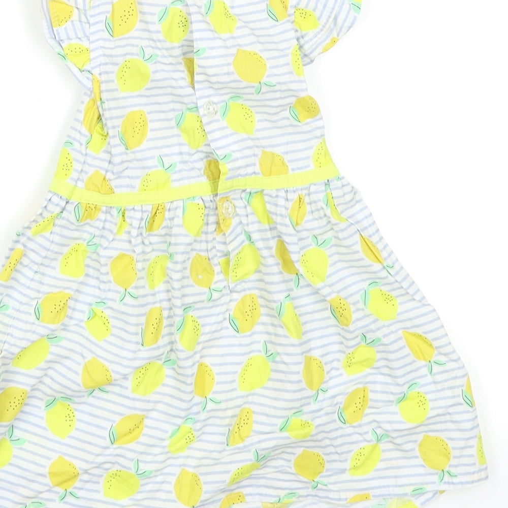 Brand and care label for Mini Moi girls’ blue striped skater dress, size 6-9, months