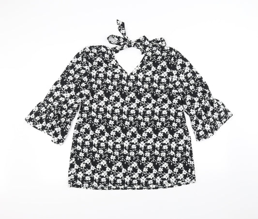 Papaya Womens Black Floral Basic Blouse Size 14