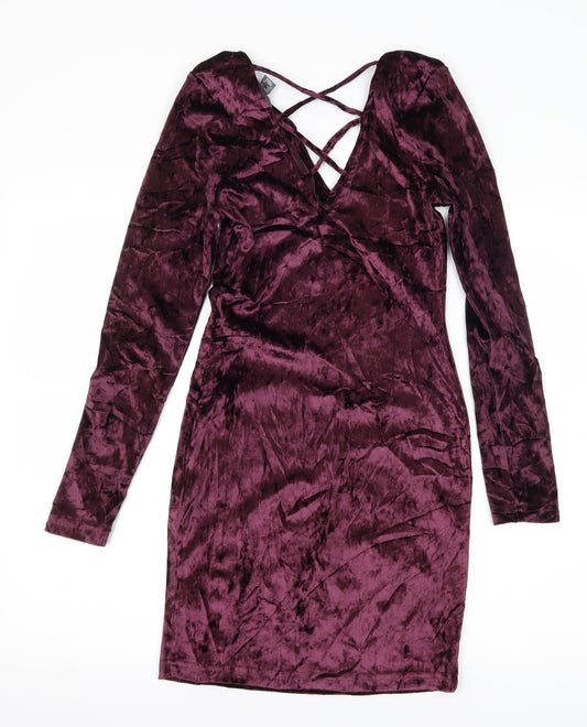 Primark Womens Purple Velvet Bodycon Size 8 - Lace up detail