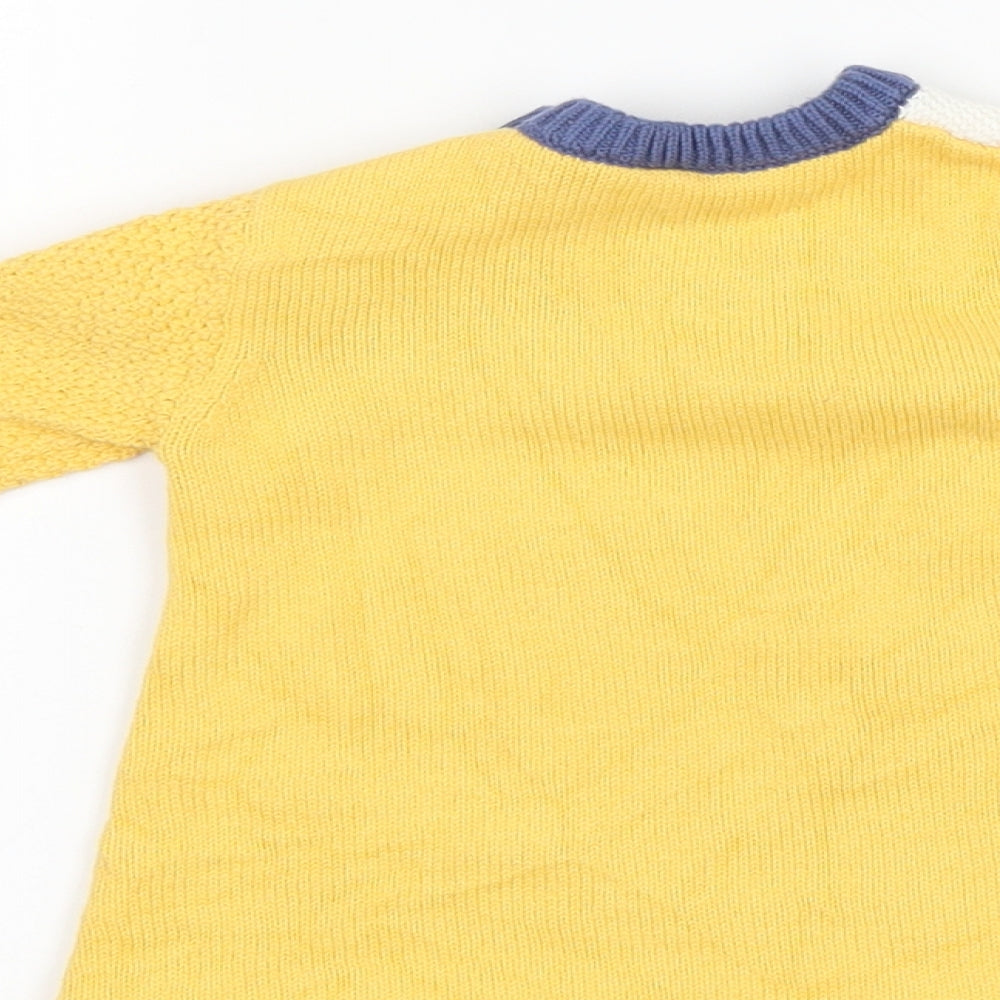 Brand and care label for Nutmeg girls’ yellow striped jumper dress, size 3-6, months