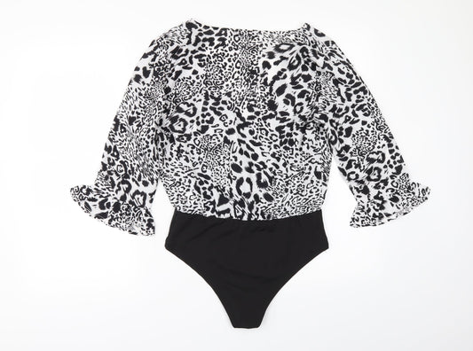 Boohoo Womens Black Animal Print Bodysuit One-Piece Size 10 - flared sleeves