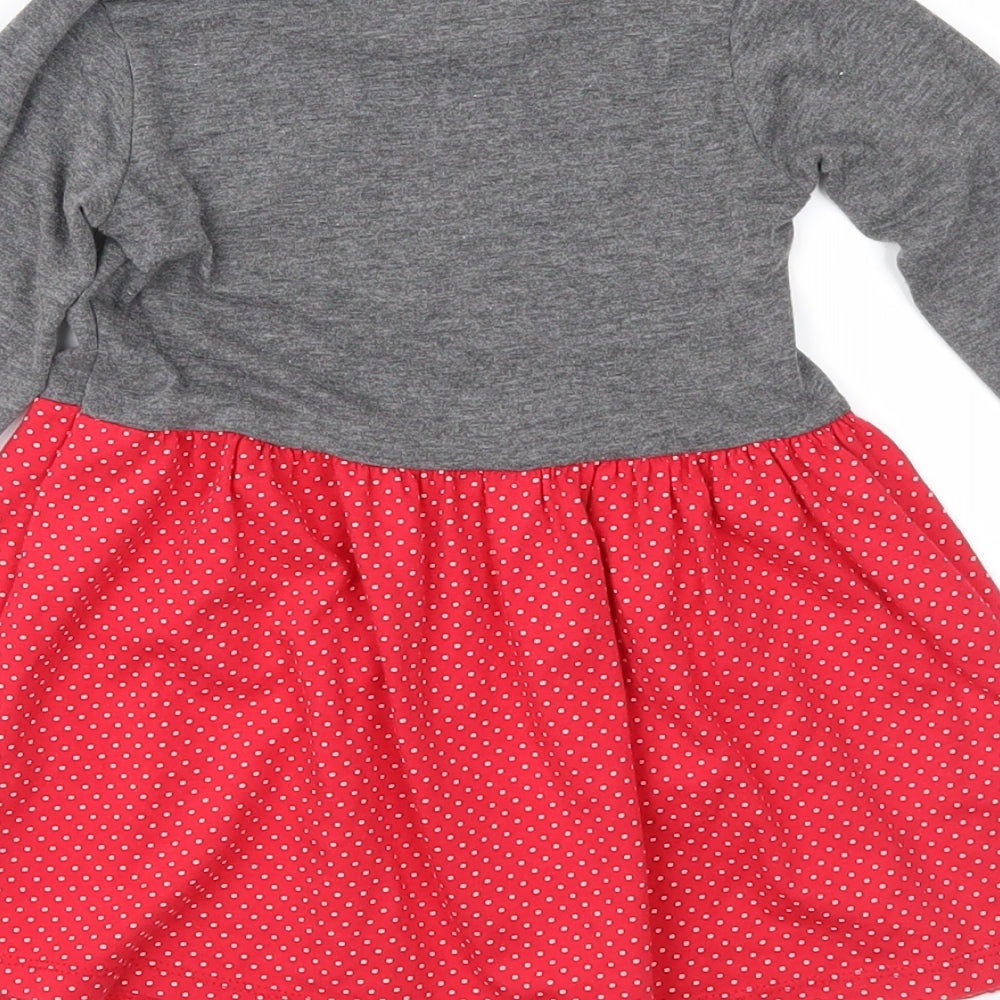 Brand and care label for Poppins girls’ red polka dot jersey fit & flare, size 12, months - minie mouse
