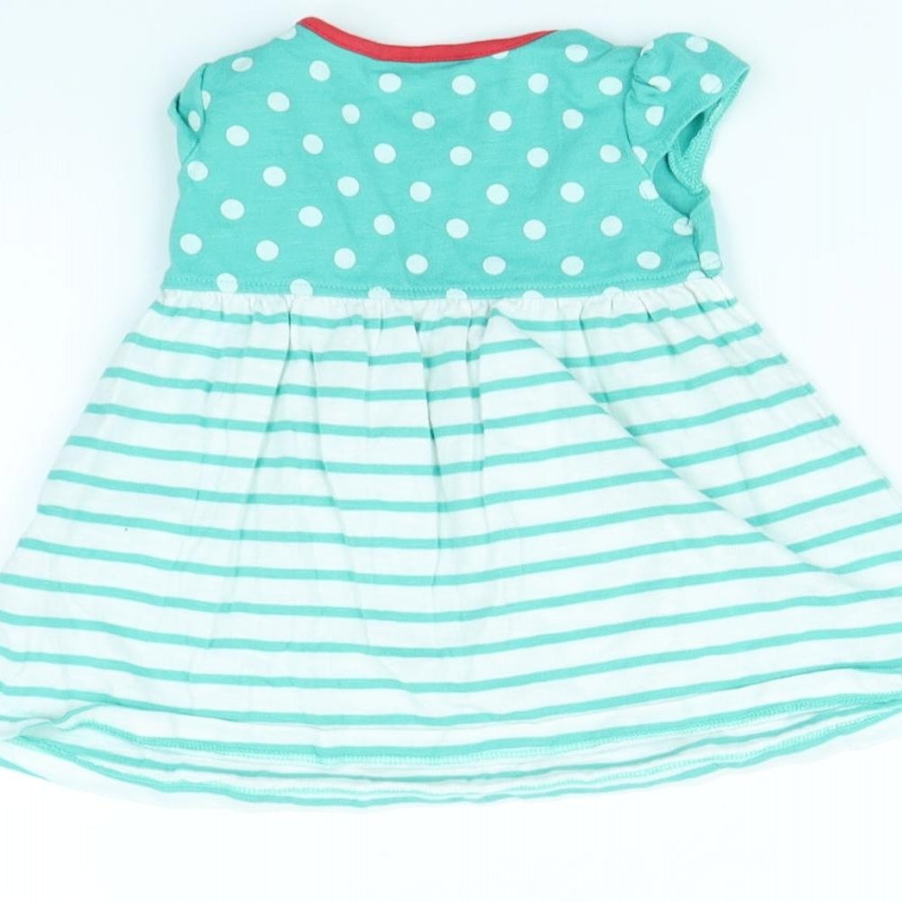 Brand and care label for Next girls’ green striped fit & flare, size 3-6, months