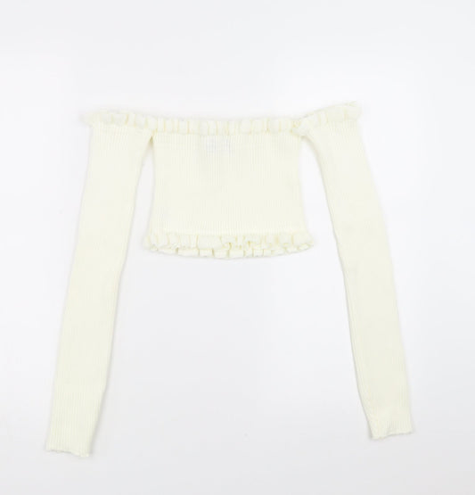 PRETTYLITTLETHING Womens Ivory Pullover Jumper Size 8 - cropped off the shoulder