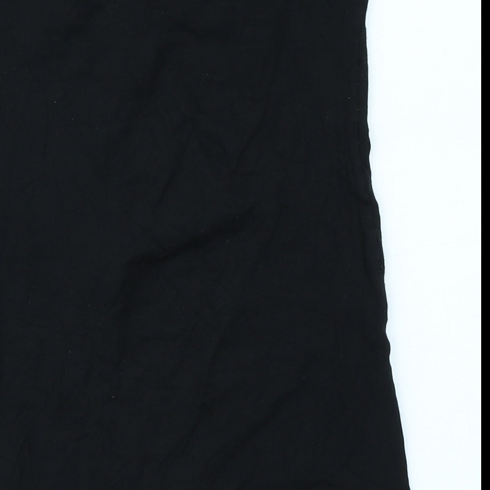 Brand and care label for Miss Selfridge women’s black basic t-shirt, size UK 8