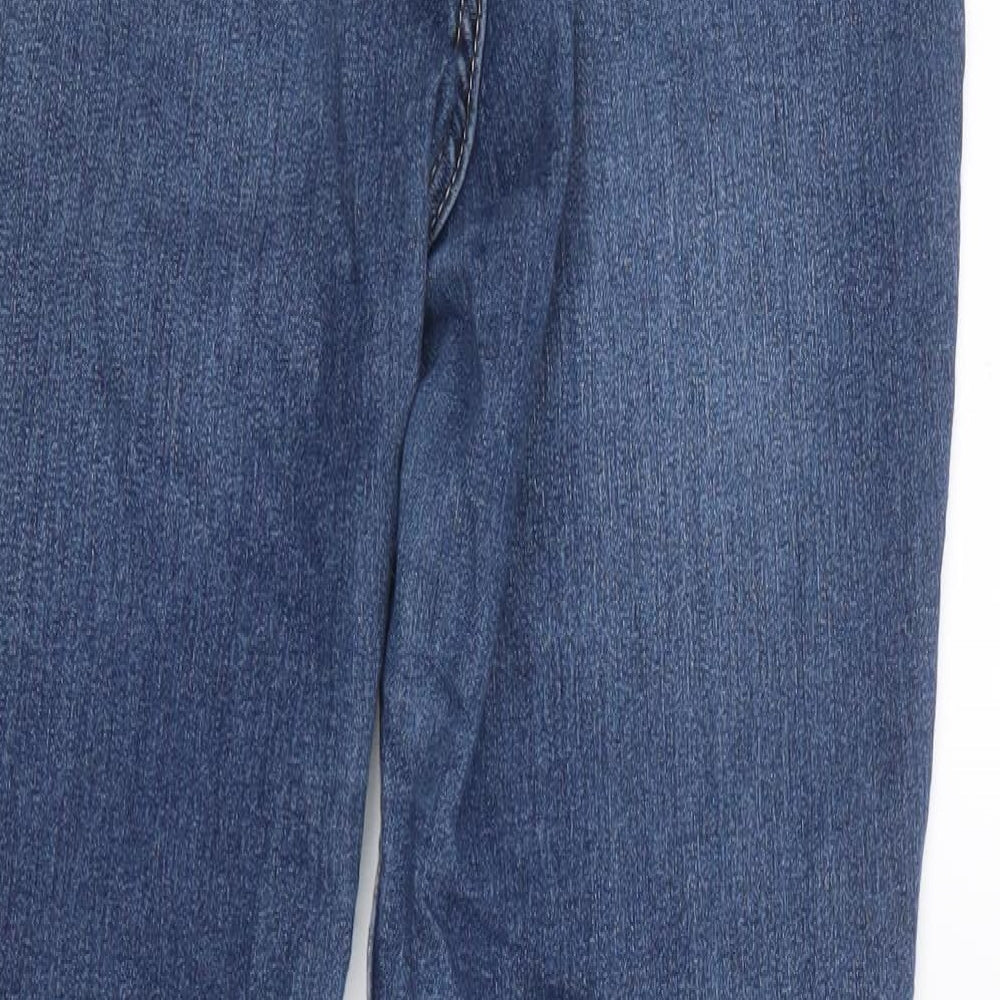 Brand and care label for Divided by H&M women’s blue denim straight jeans, size UK 10, 29-inch leg