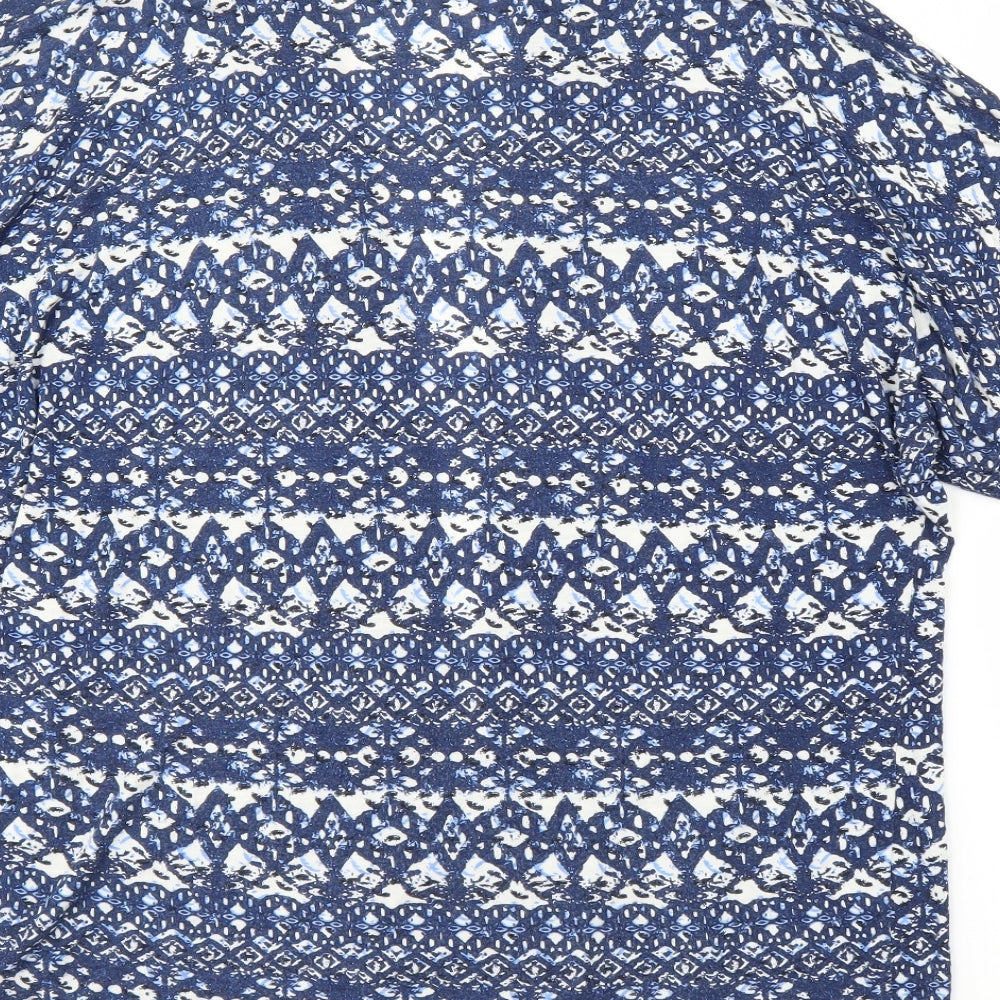 Brand and care label for Next women’s blue geometric cardigan jumper, size UK 10