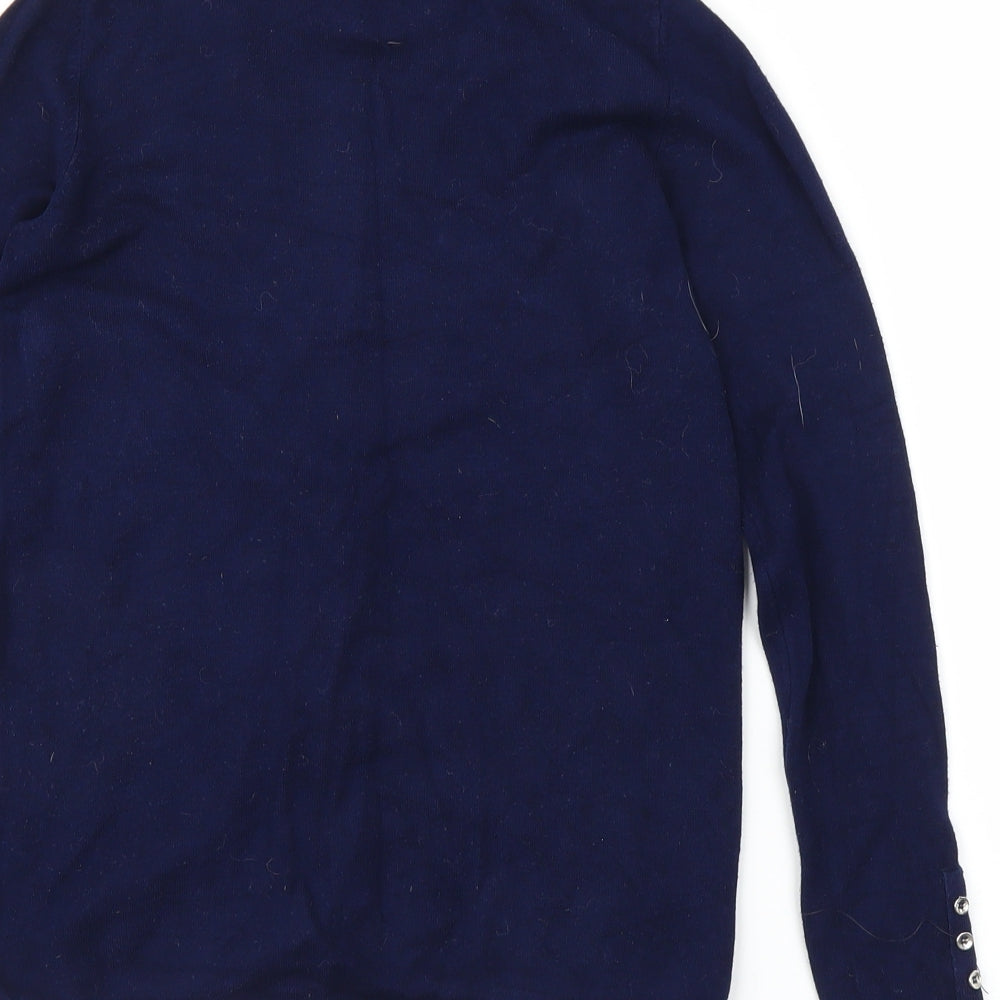 Brand and care label for Zara women’s blue cardigan jumper, size S
