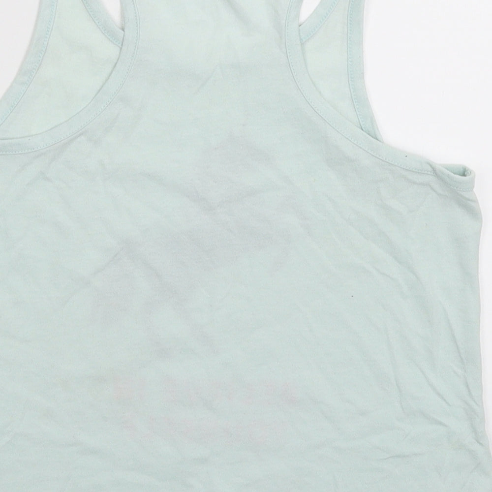 Brand and care label for H&M girls’ green basic tank, size 9-10, years