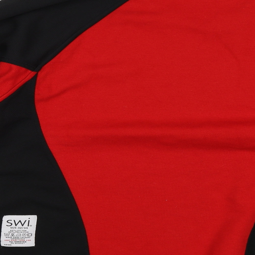 Brand and care label for SWI men’s red polo, size 34