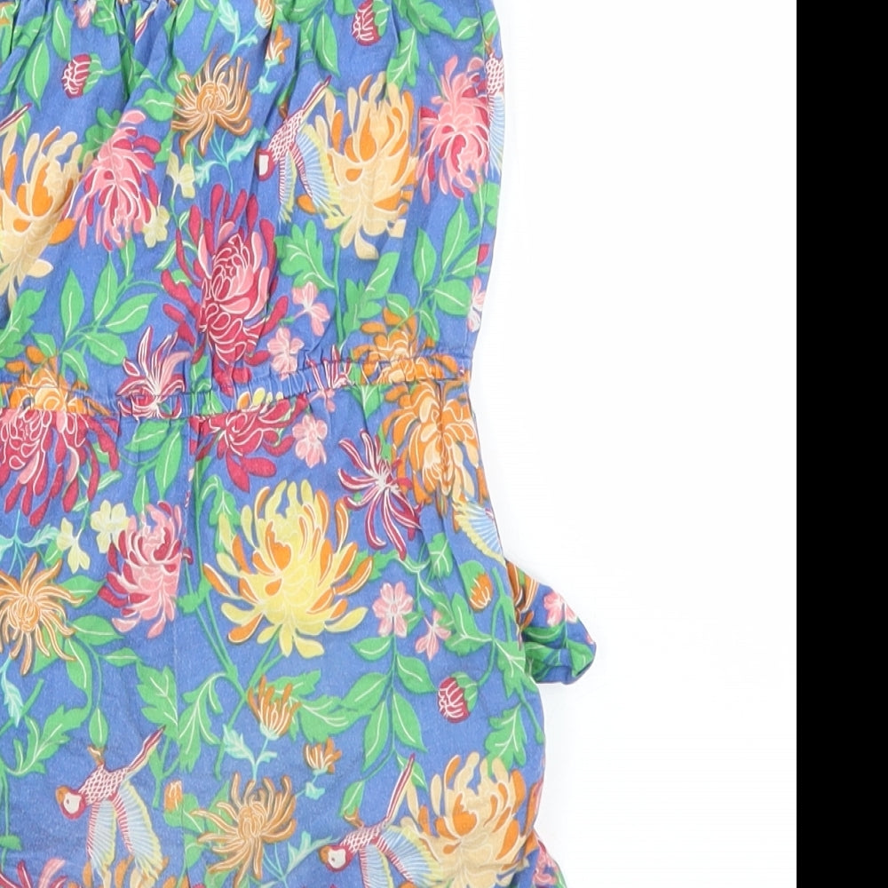 Brand and care label for E-vie girls’ blue floral playsuit one-piece, size 2, years