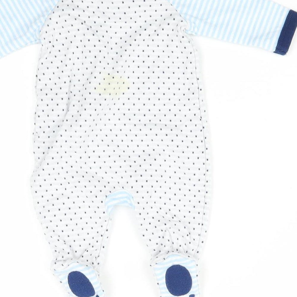 Brand and care label for Mini Club Baby Blue Polka Dot Babygrow One-Piece, size 0-3, Months