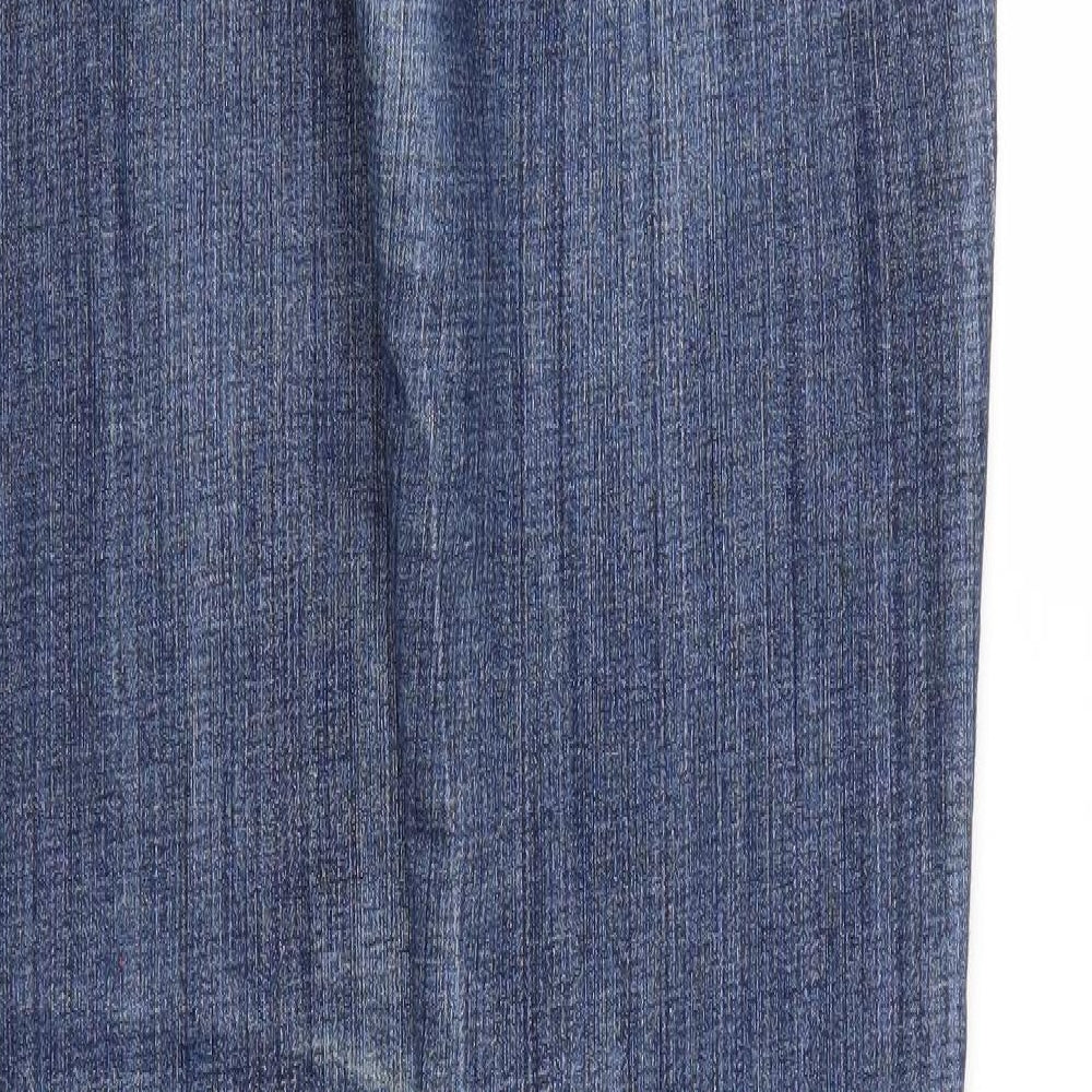 Brand and care label for Quiz women’s blue denim straight jeans, size UK 8, 31-inch leg