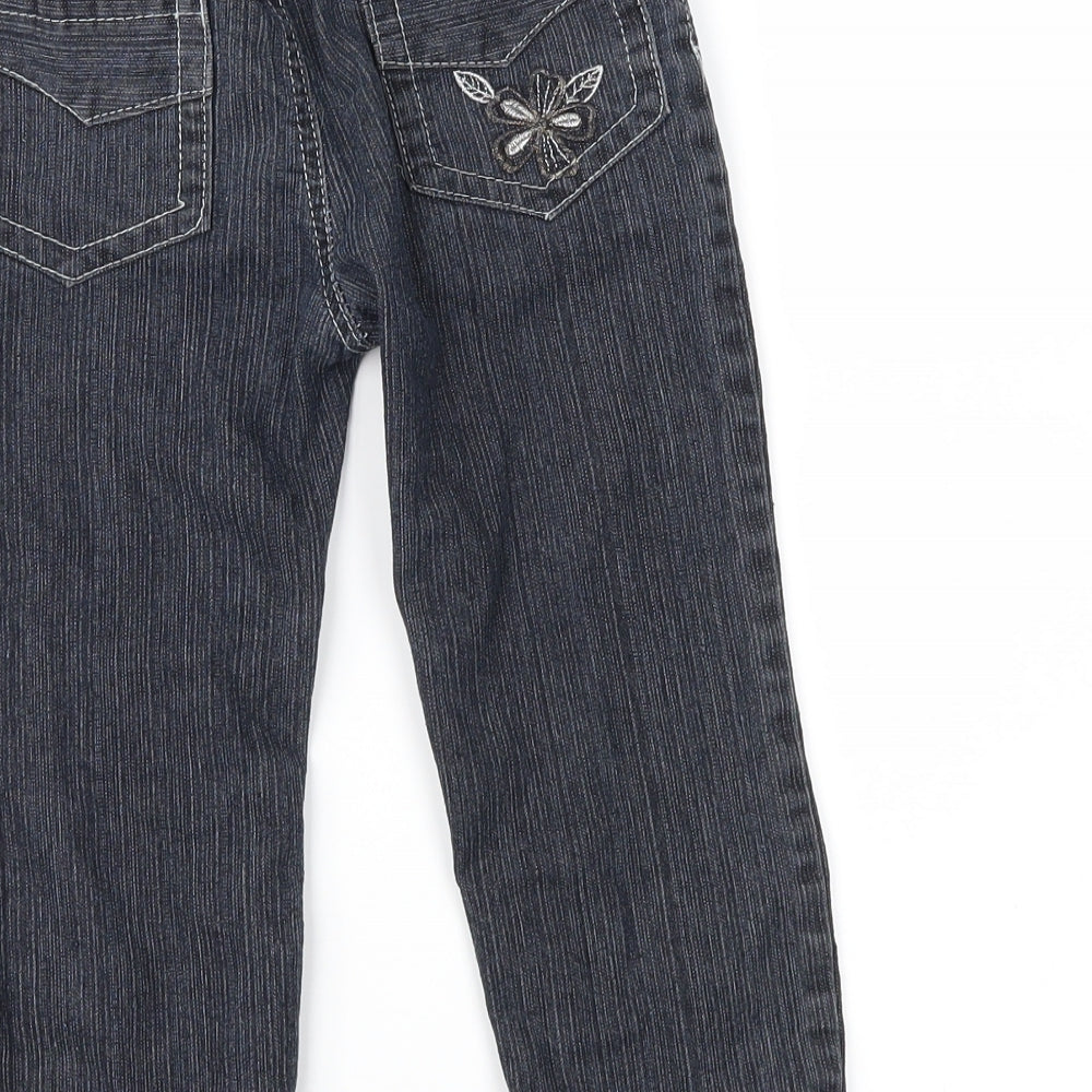 Brand and care label for Preworn girls’ black denim straight jeans, size 4, years