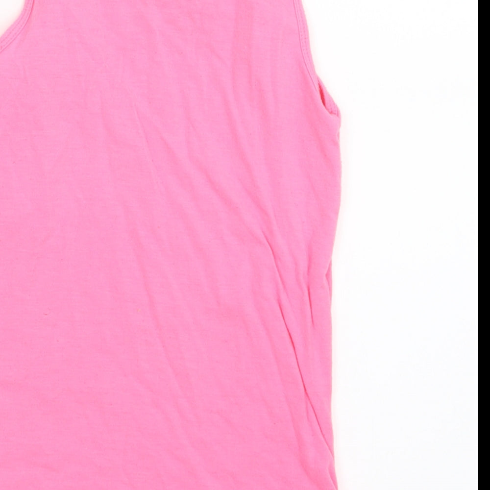 Brand and care label for Young Dimension girls’ pink basic tank, size 7-8, years
