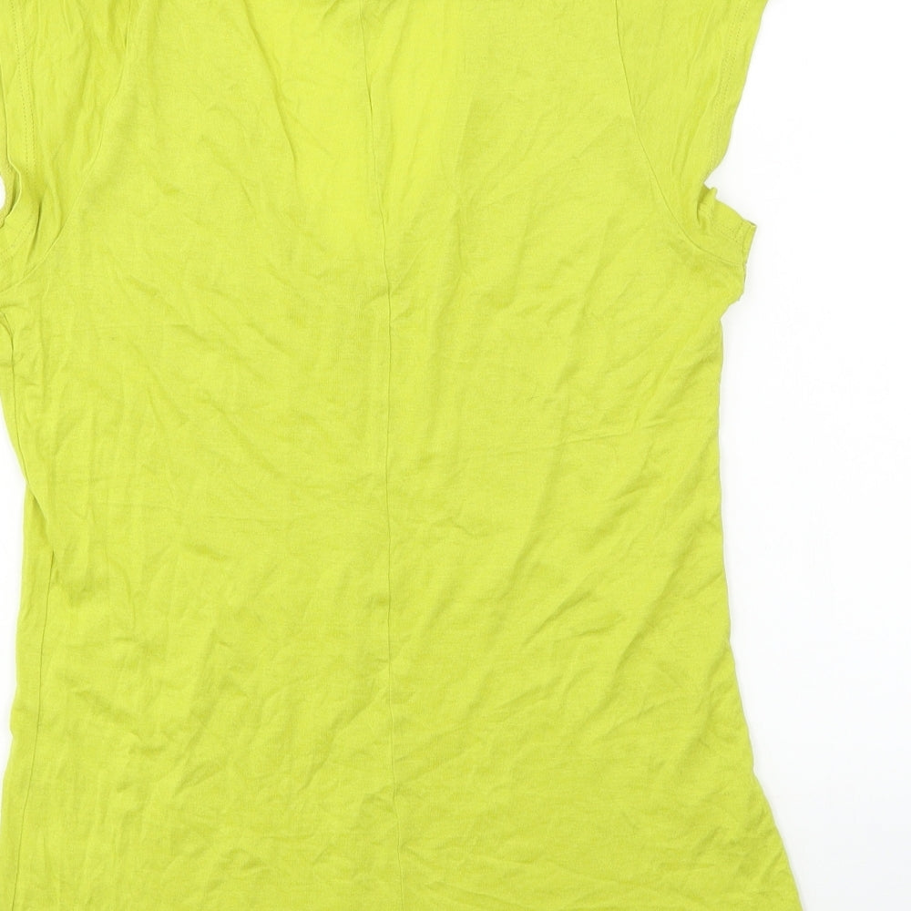Brand and care label for Miss Selfridge women’s yellow basic t-shirt, size UK 10