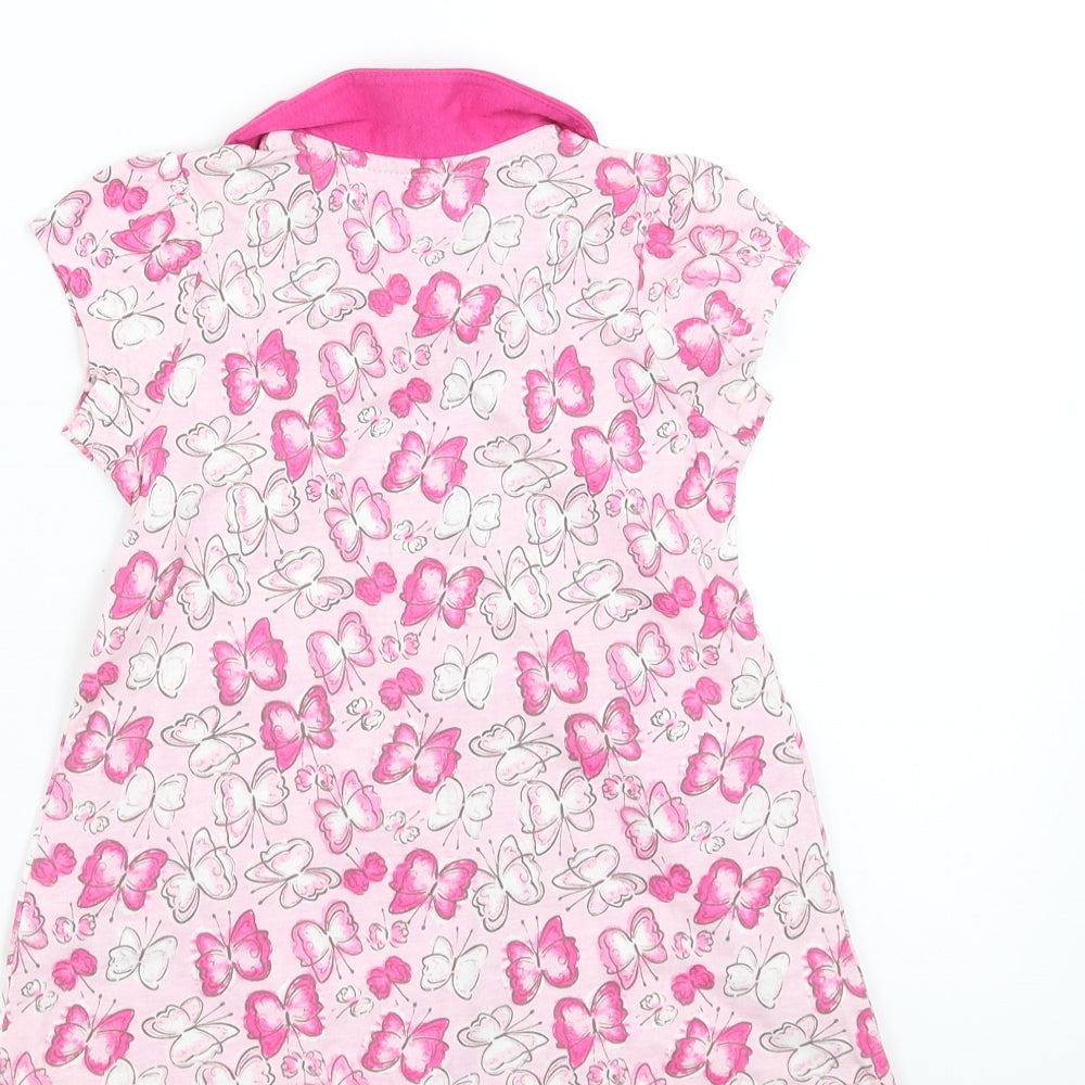 Brand and care label for Matalan girls’ pink t-shirt dress, size 9-12, months - butterflies