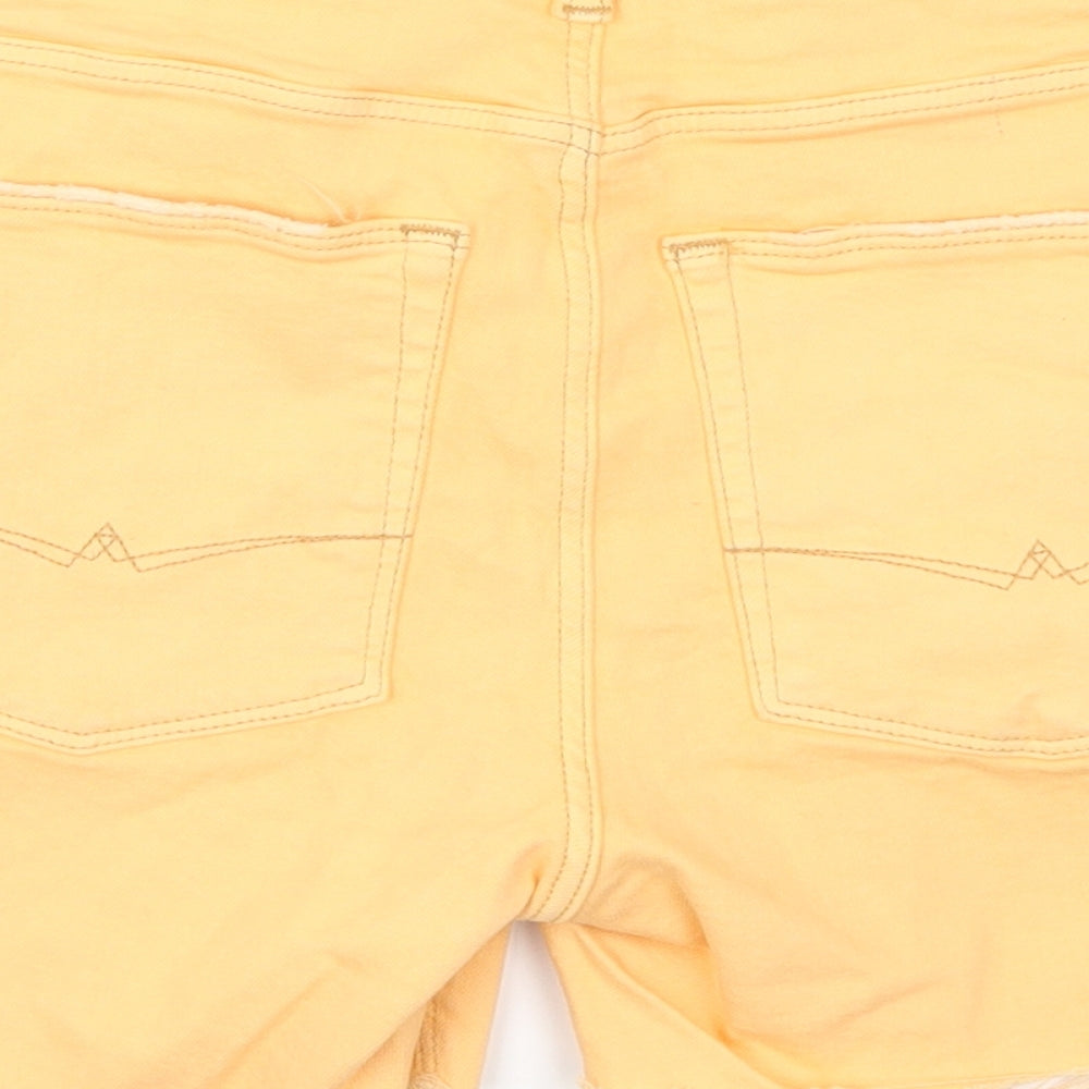 Brand and care label for ASOS women’s orange denim cut-off shorts, size UK 32, in - distressed hem
