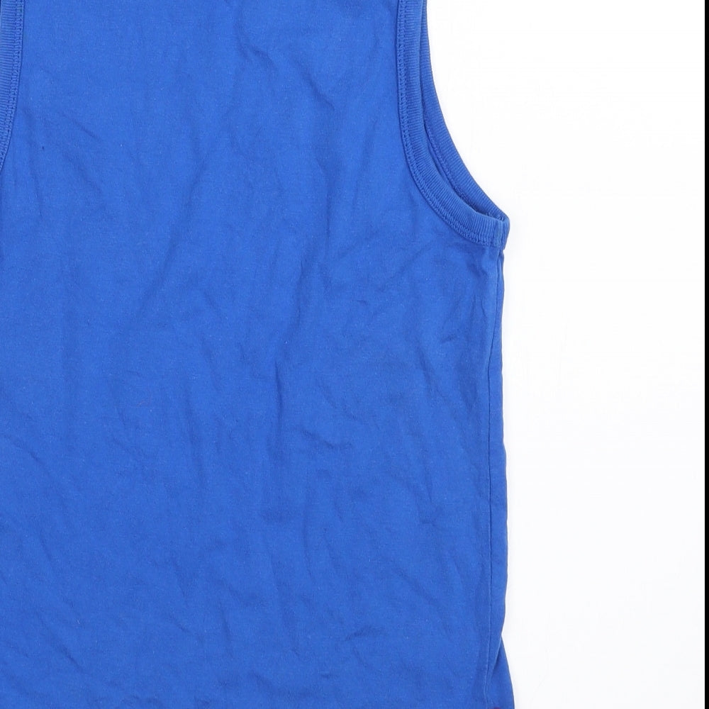 Brand and care label for Slazenger boys’ blue basic tank, size 7-8, years