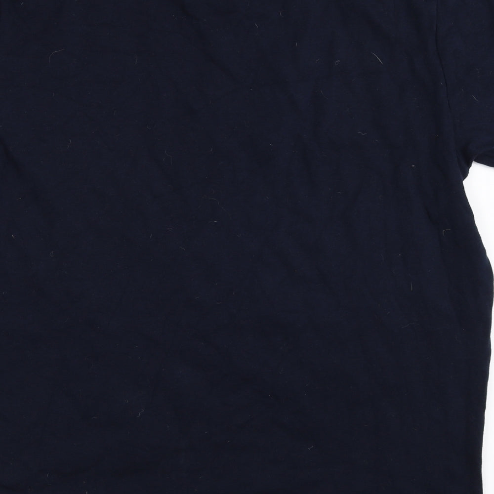 Brand and care label for Topman men’s blue t-shirt, size L
