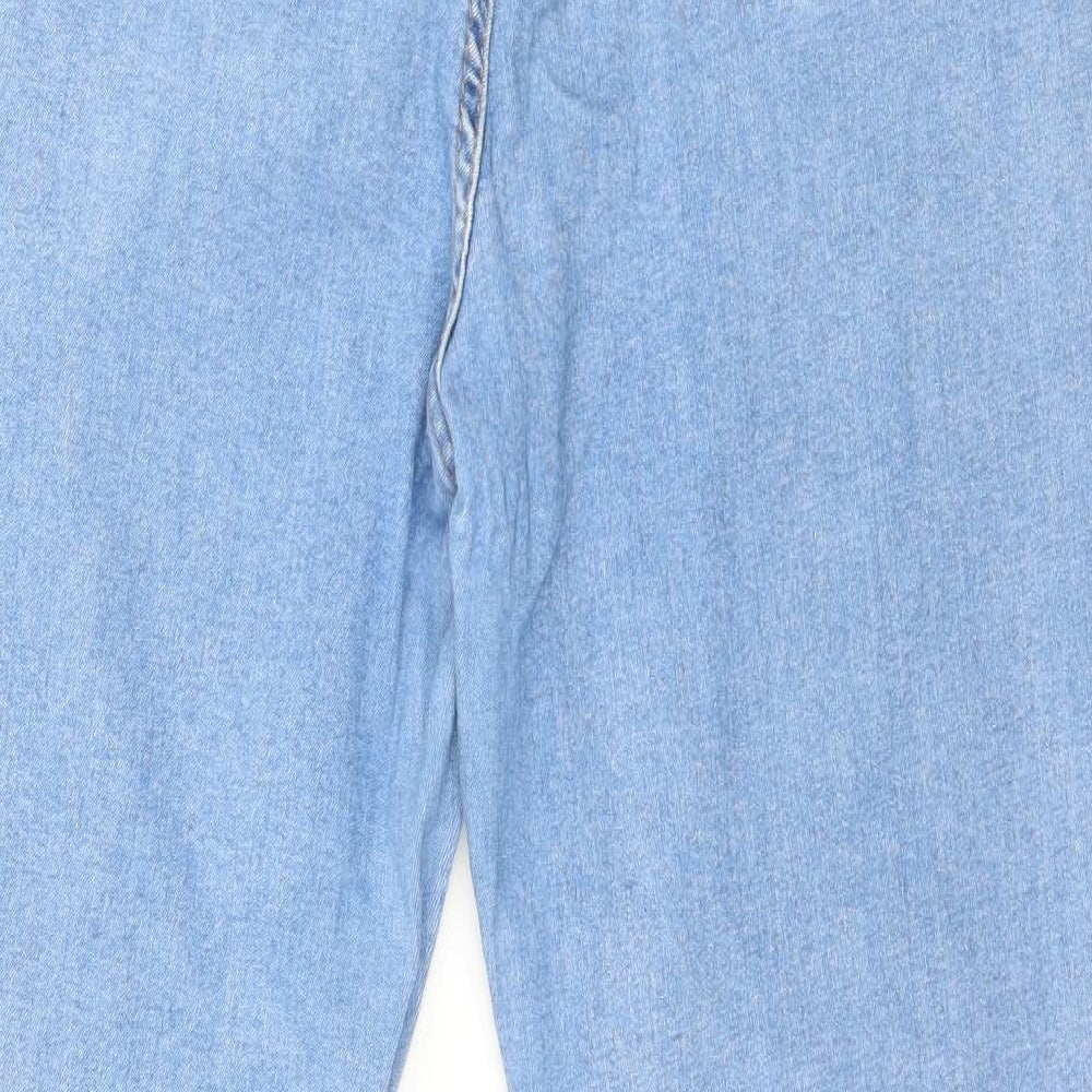 Brand and care label for Miss Laufen women’s blue denim skinny jeans, size UK 36, in, 26-inch leg