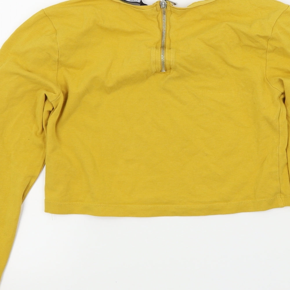 Brand and care label for BIK BOK women’s yellow basic t-shirt, size XS