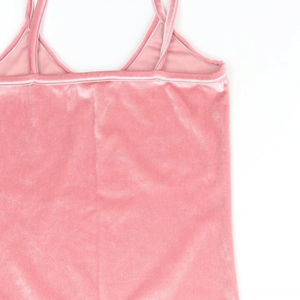 Brand and care label for Preworn women’s pink velvet basic tank, size S