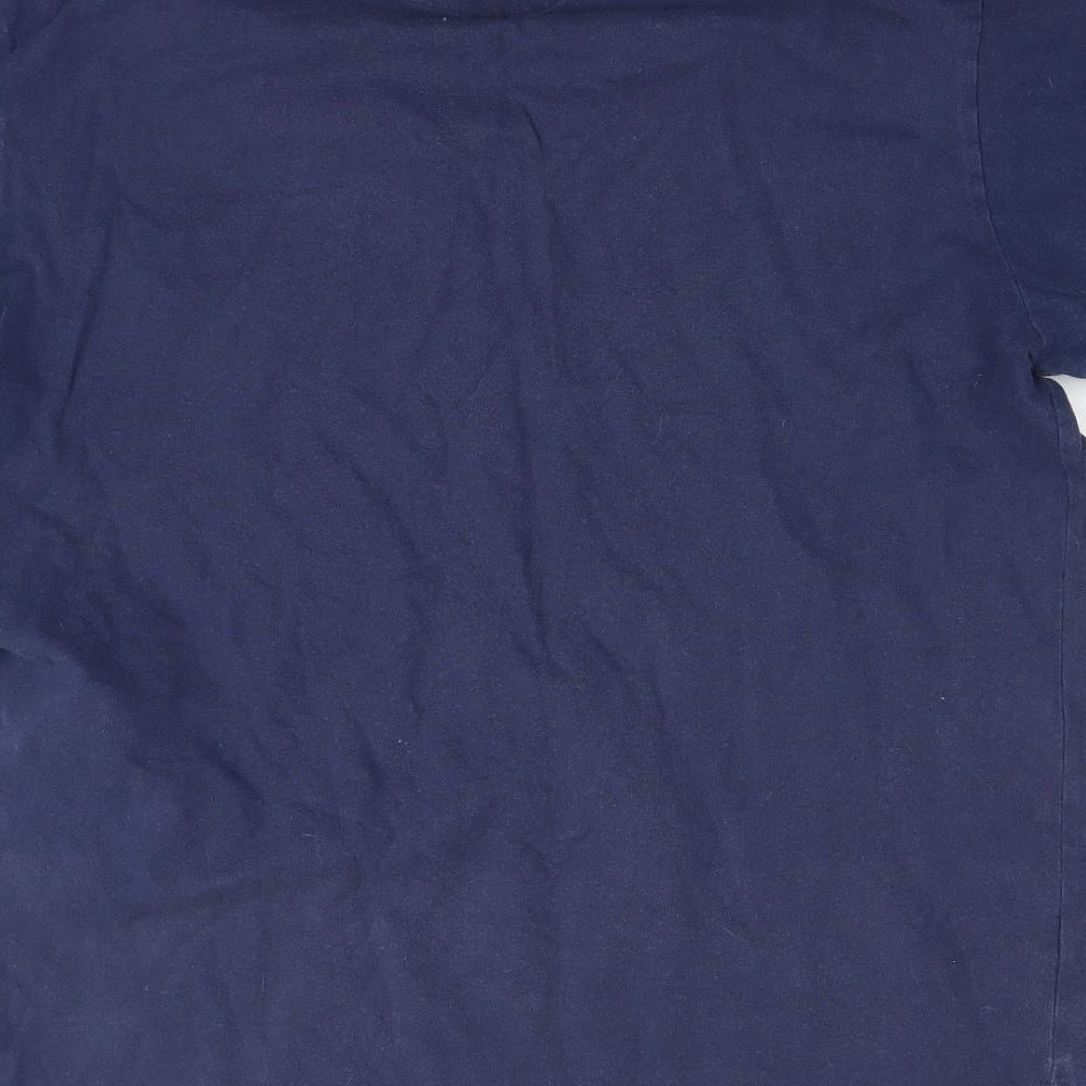 Brand and care label for Cedarwood State men’s blue polo, size L