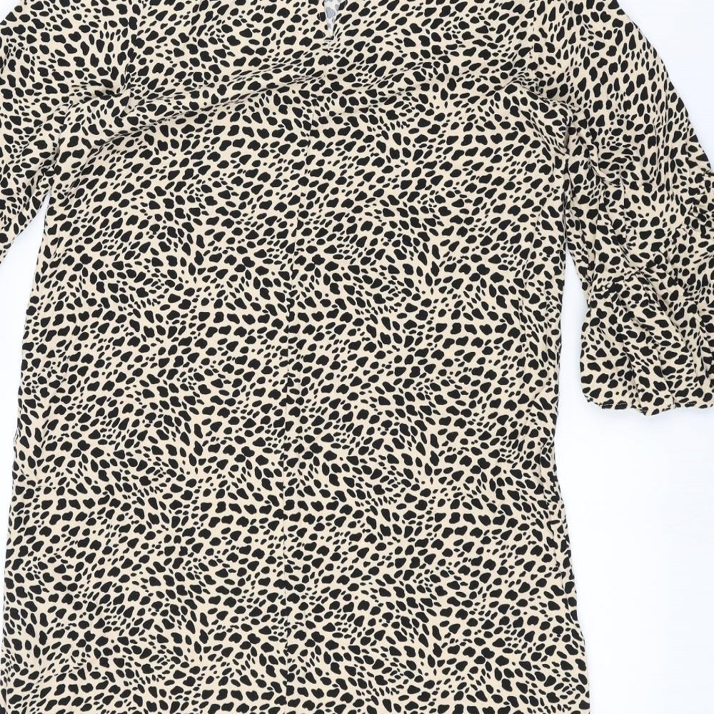 Brand and care label for H&M women’s brown animal print basic t-shirt, size UK 8