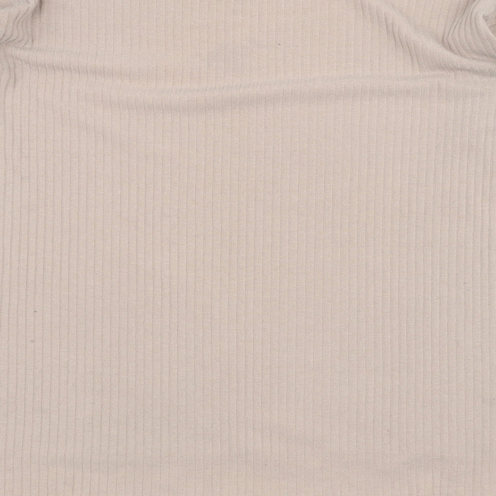 Brand and care label for Boohoo women’s brown jumper, size UK 14