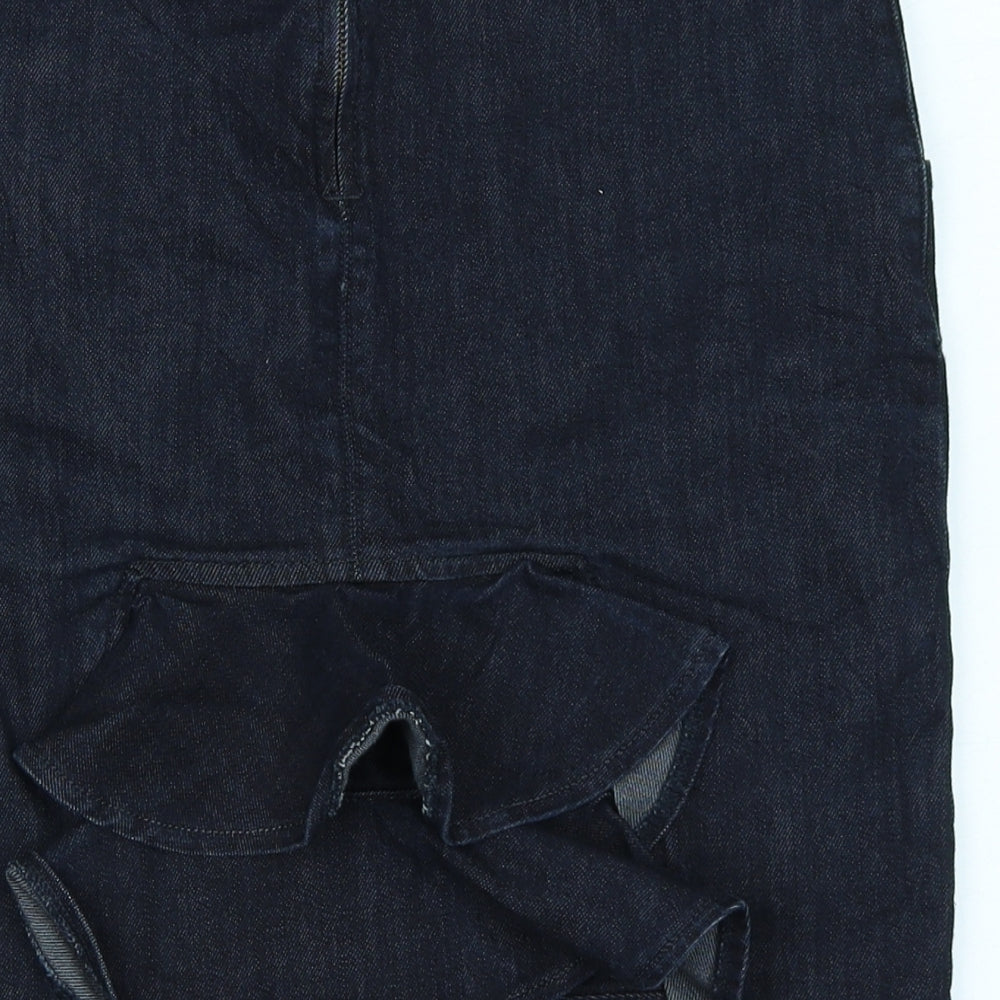 Brand and care label for Miss Selfridge women’s blue denim a-line skirt, size UK 10