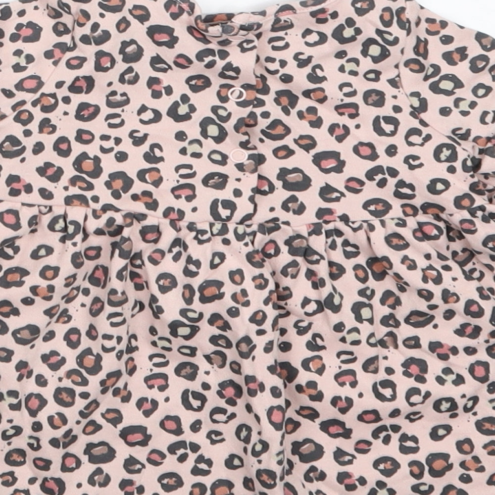 Brand and care label for Next girls’ pink animal print t-shirt dress, size 0-3, months
