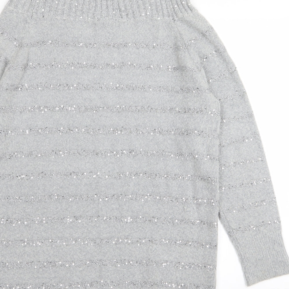 Brand and care label for Wallis women’s grey striped jumper, size M