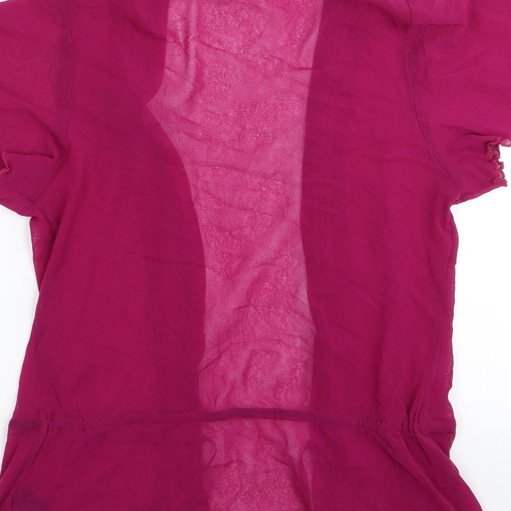 Brand and care label for Marks & Spencer women’s purple cardigan jumper, size UK 10