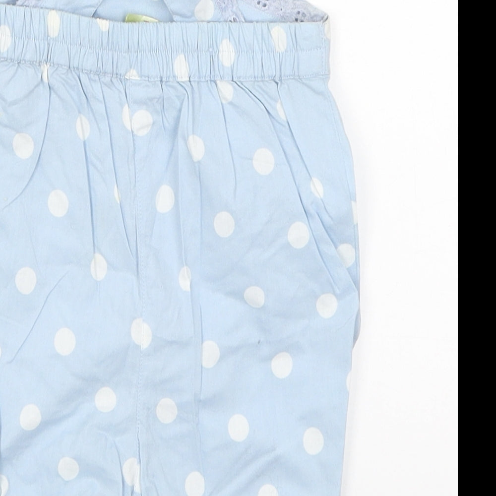 Brand and care label for Tiny Ted Baby Blue Polka Dot Dungaree One-Piece, size 0-3, Months