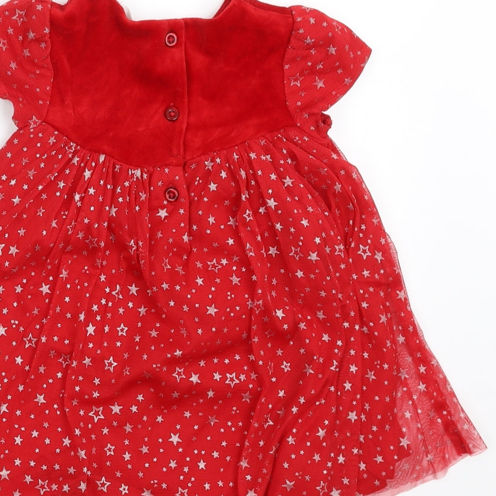 Brand and care label for M&Co girls’ red fit & flare, size 3-6, months - star pattern