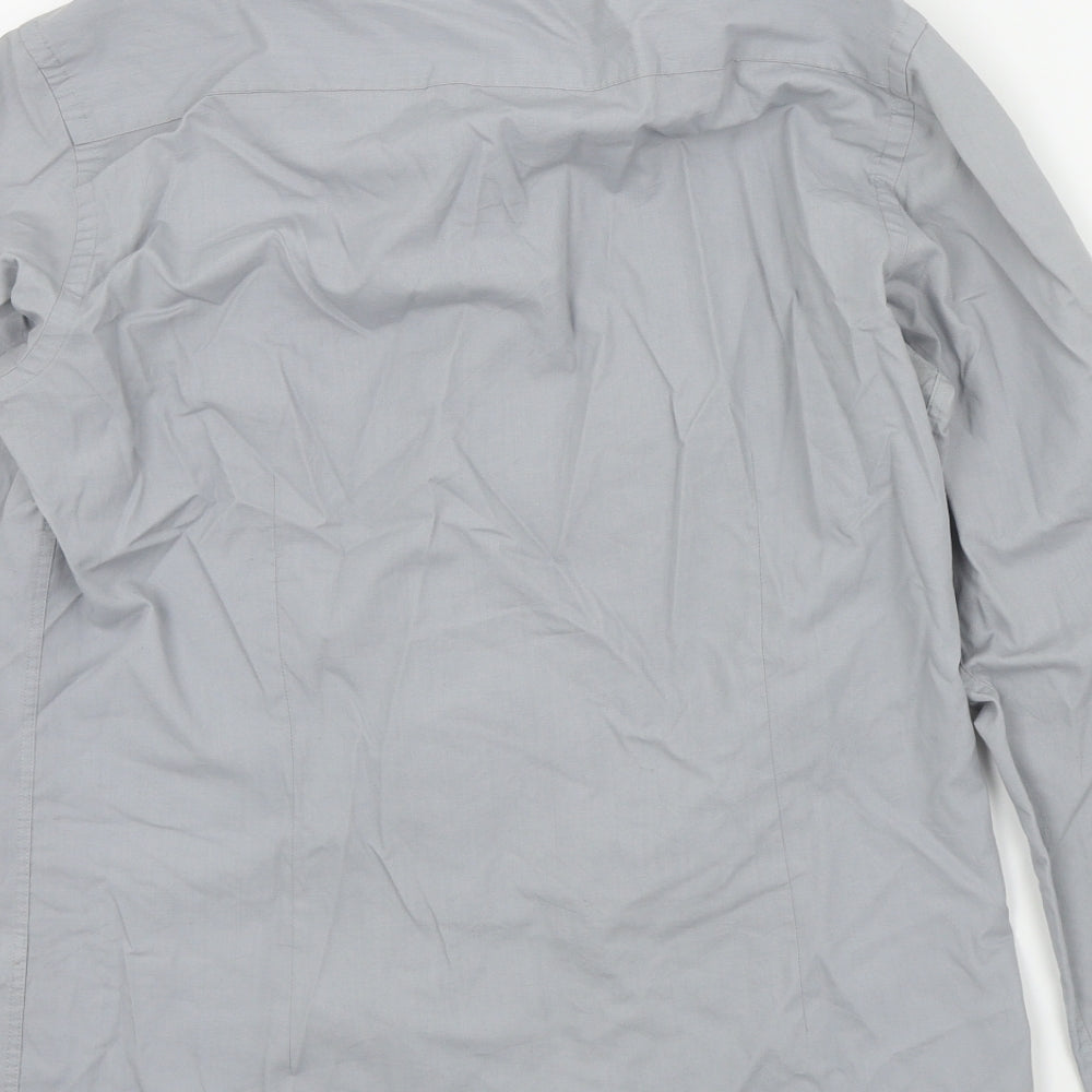Brand and care label for Taylor & Wright men’s grey colourblock button-up, size S